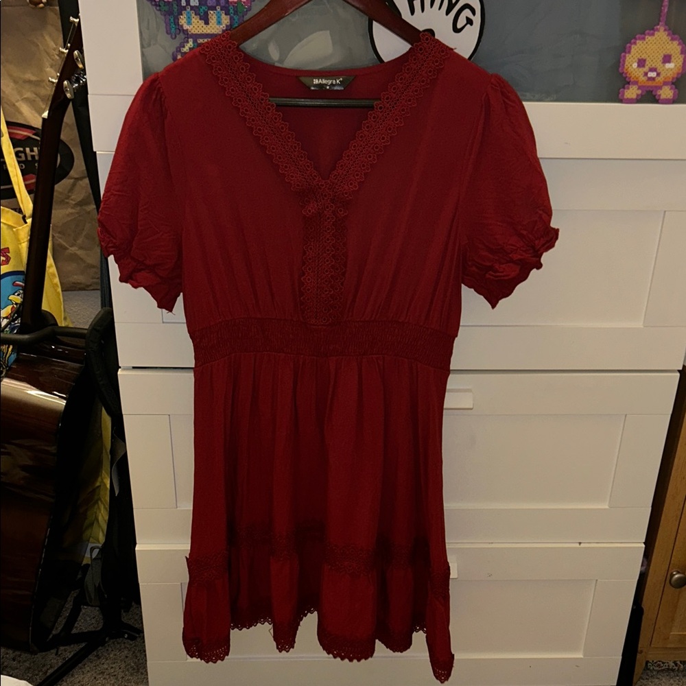 ALLEGRA K Deep Red Dress with Lace Trim
